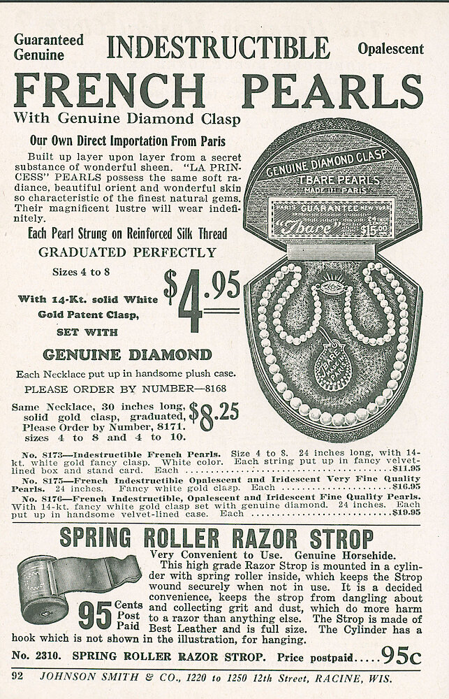 1920c-Johnson-Smith&Co,1220-1250-12thSt,Racine,WIS-91. Circa 1920. The Harmony Musical Clock Johnson Smith & Co. 1220 To 1250 12th Street Racine, WIS.. Back side of the Harmony ad, showing it is from Johnson Smith & Co.