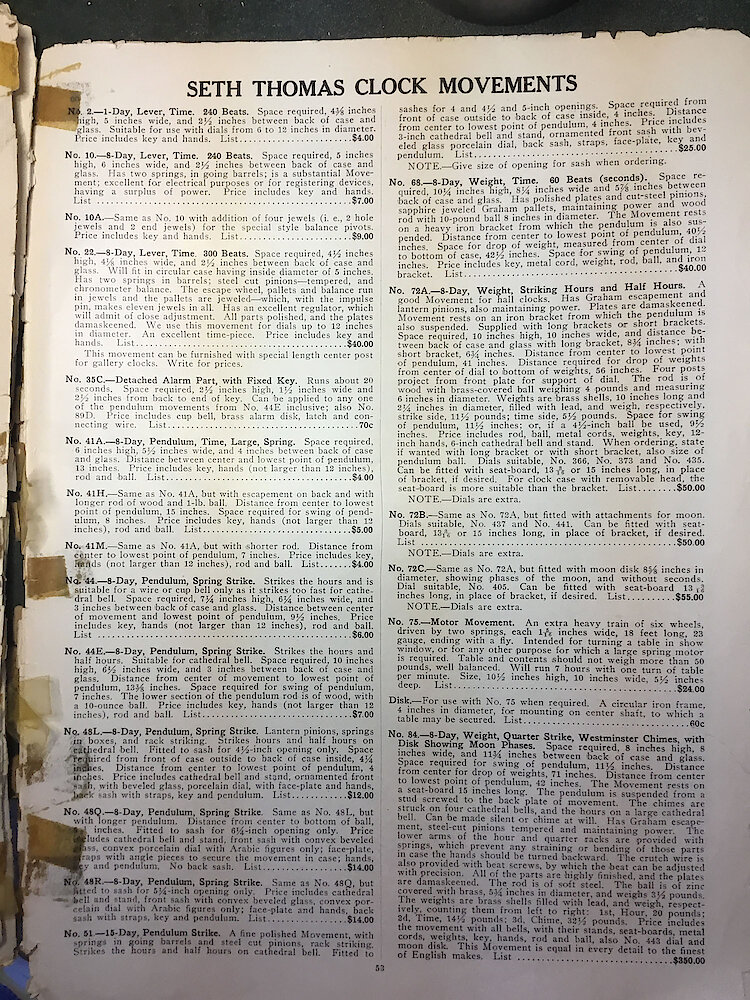 Catalogue No. 707 1915  1916 Seth Thomas Clock Co. (Missing pp. 15, 16, 43 and 44) > 53. Clock Movements 1