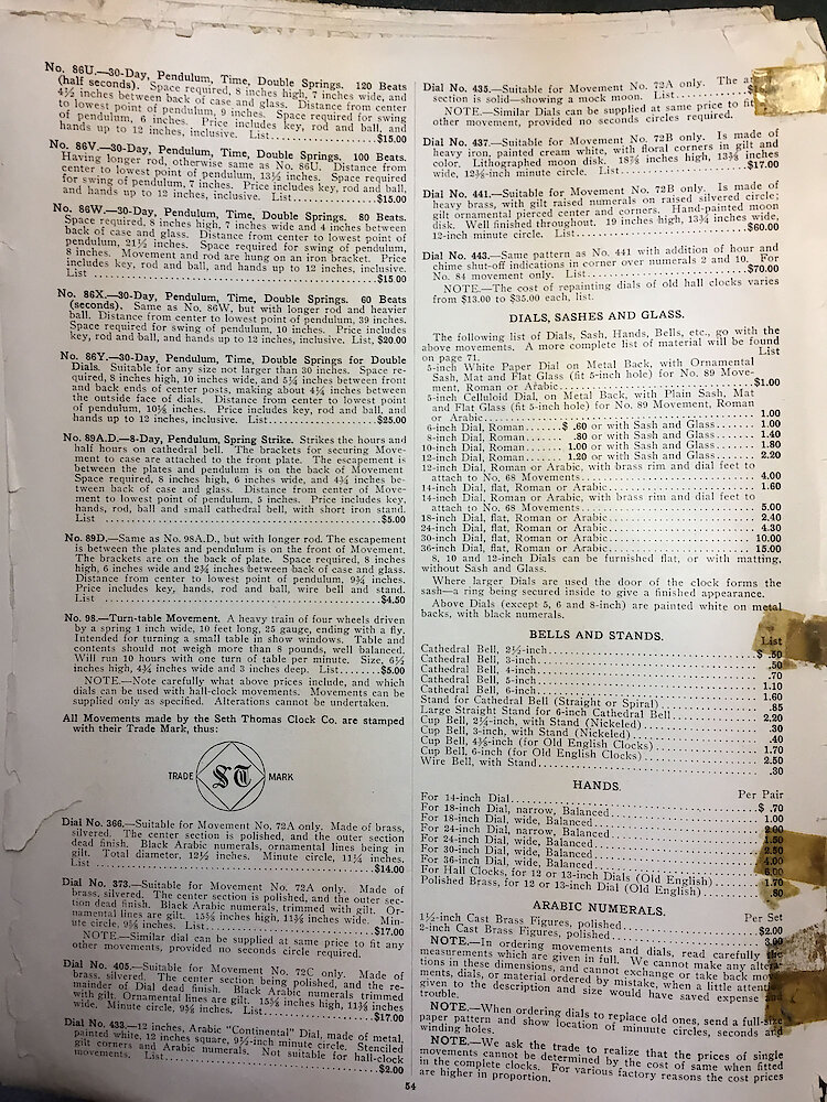 Catalogue No. 707 1915  1916 Seth Thomas Clock Co. (Missing pp. 15, 16, 43 and 44) > 54. Clock Movements 2, Dials, Bells And Hands.
