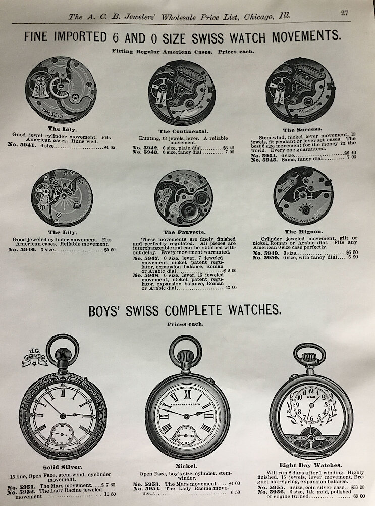 A. C. Becken Watch Catalog (and one page of clocks) > 27. Fine Imported 6 And 0 Size Swiss Watch Movements. Boy&039;s Swiss Complete Watches (including Hebdomas 8-day).
