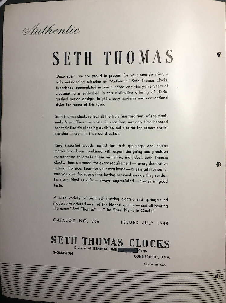 Seth Thomas Clocks, Electric & Spring Wound. The Finest Name in Clocks. > Introduction