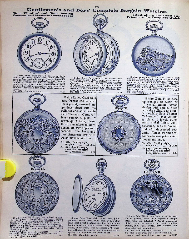 Ca. 1911 - 12 Fort Dearborn Catalog > 102. Gentlemen&039;s And Boys&039; Complete Bargain Watches.