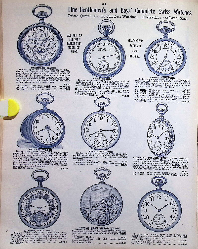 Ca. 1911 - 12 Fort Dearborn Catalog > 104. Fine Gentlemen&039;s And Boys&039; Complete Swiss Watches.
