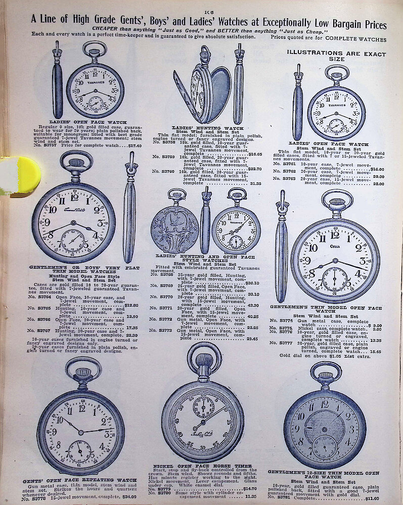 Ca. 1911 - 12 Fort Dearborn Catalog > 106. A Line Of High Grade Gents&039;, Boys&039; And Ladies&039; Watches At Exceptionally Low Bargain Prices.