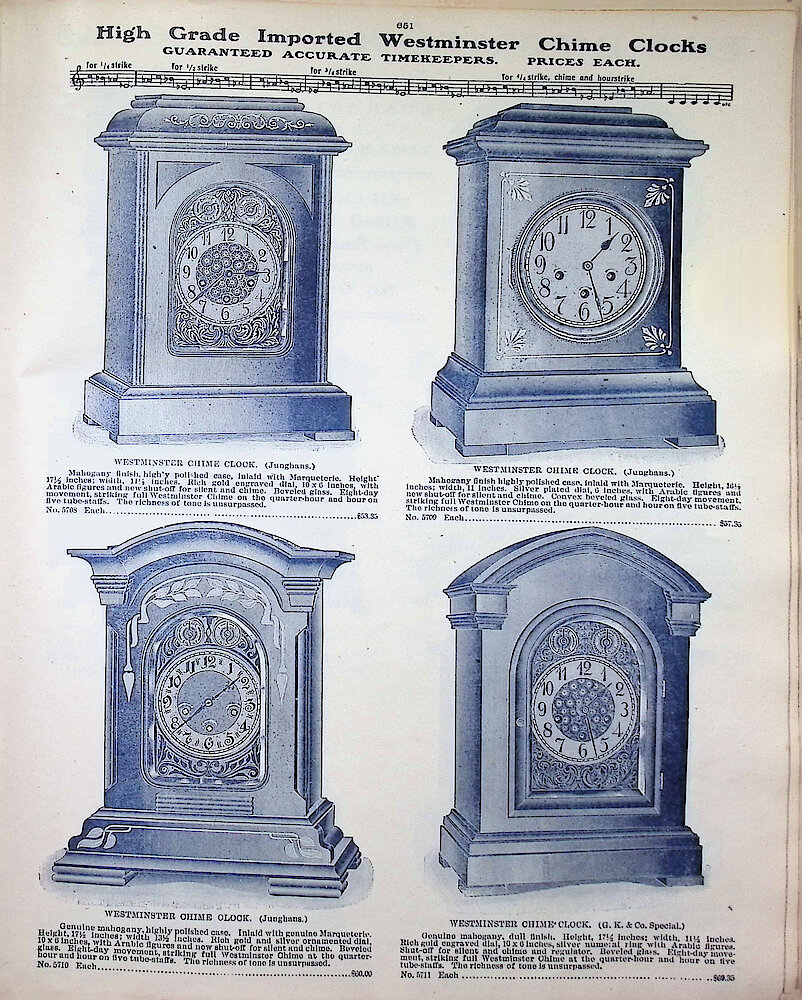 Ca. 1911 - 12 Fort Dearborn Catalog > 651. Fine Imported Westminster Chime Clocks.