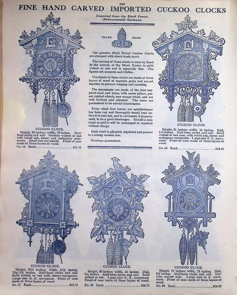 Ca. 1911 - 12 Fort Dearborn Catalog > 686. Cuckoo Clocks.