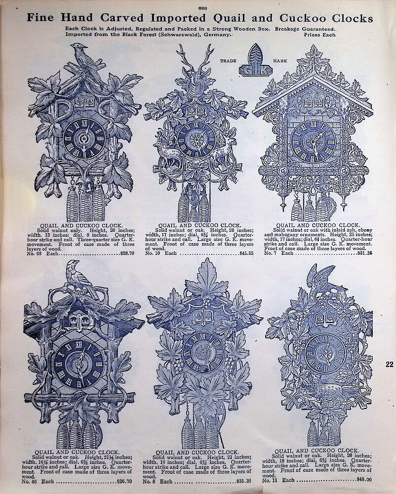 Ca. 1911 - 12 Fort Dearborn Catalog > 688. Cuckoo Clocks.