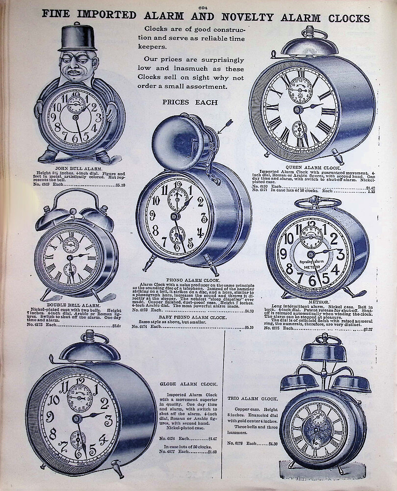 Ca. 1911 - 12 Fort Dearborn Catalog > 694. Imported Alarm And Novelty Clocks.