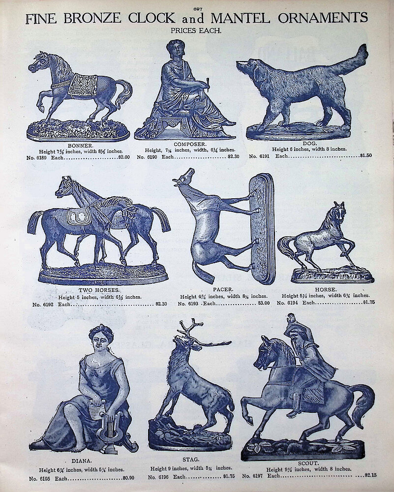 Ca. 1911 - 12 Fort Dearborn Catalog > 697. Fine Bronze Clock And Mantel Ornaments.