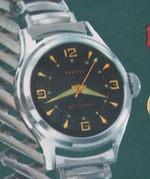 Westclox Wrist Ben Style 4a Wrist Watch. Wrist Ben no. 698 Waterproof. 1958 Westclox catalog p. 10. Some examples have red-tipped second hand.