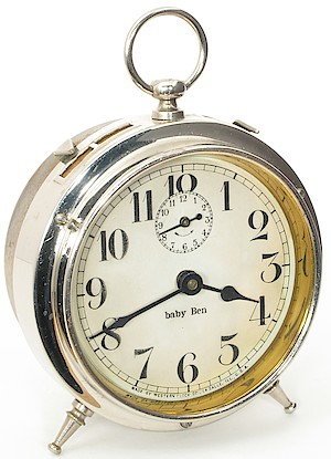 Westclox Baby Ben Style 1 Alarm Clock. Lower case "b" in "baby", company name at bottom of dial: late 1915 - 1916