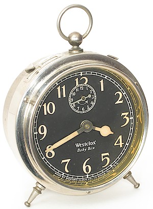 Westclox Baby Ben Style 1 Alarm Clock. Luminous, Westclox in Roman typeface with projection on the "x": 1928 - 1930. Richard Tjarks collection.