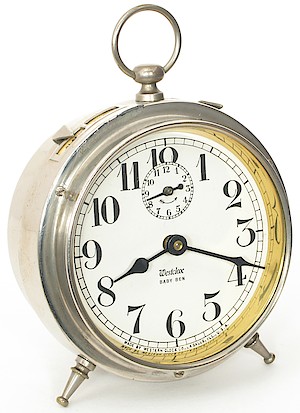 Westclox Baby Ben Style 1 Alarm Clock. Westclox in italics, BABY BEN in small caps, company name at bottom of dial: 1918 - 1922