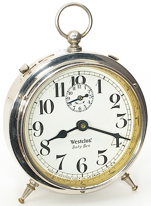 Westclox Baby Ben Style 1 Alarm Clock. Westclox in Roman typeface with projection on the "x": 1928 - 1930. Richard Tjarks collection.