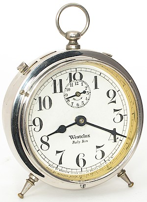 Westclox Baby Ben Style 1 Alarm Clock. Westclox in Roman typeface, flat-top x, wide lettering at bottom, oval pendent: 1925 - 1927