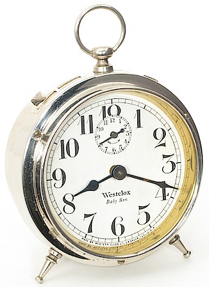 Westclox Baby Ben Style 1 Alarm Clock. Westclox in Roman typeface, narrow lettering at bottom: 1923 - 1925