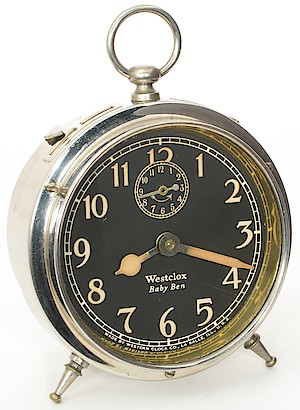 Westclox Baby Ben Style 1 Alarm Clock. Luminous, Westclox in Roman typeface, flat-top x, oval pendent, 1923 - 1927. Richard Tjarks collection.