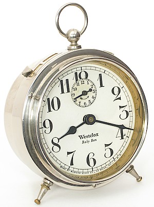 Westclox Baby Ben Style 1 Alarm Clock. Westclox in Roman typeface, flat-top x, wide lettering at bottom, round pendent: 1927