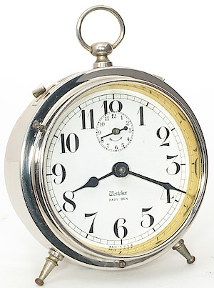 Westclox Baby Ben Style 1 Alarm Clock. Westclox in italics, BABY BEN in small caps, Made in USA at bottom of dial: 1917 - 1918