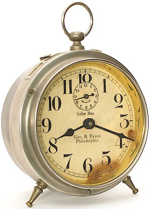 Westclox Baby Ben Style 1 Alarm Clock. test. "Geo. B. Evans, Philadelphia". The movement is dated 11-6-15 (November 6, 1915)