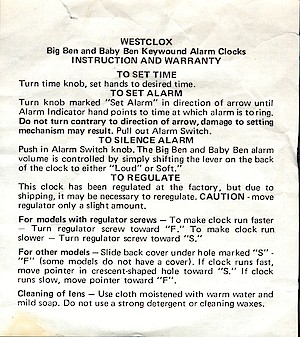 Westclox Baby Ben Style 7 Reissue Black Luminous. Instruction sheet