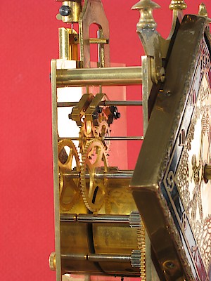 Schatz Standard 400 Day Black Diamond Dial Japanese Lantern Image. Side view of movement showing the anchor with adjustable pallets.