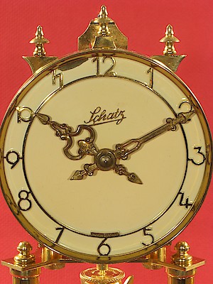 Schatz Standard 400 Day Clock Ivory Painted Dial. Painted dial, thin stamped brass hands (need to be lightweight to avoid stopping the clock).