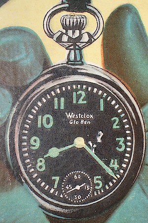 Westclox Glo-Ben Style 1a Pocket Watch. Glo- Ben style 1a as shown in a Westclox advertising display.