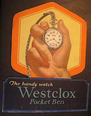 Westclox Pocket Ben Style 1a Pocket Watch. A Westclox advertising display ca. 1927 - 1929 showing the Pocket Ben pocket watch (style 1a)