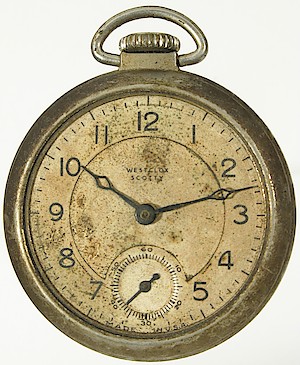 Westclox Scotty Style 2 Pocket Watch. Scotty style 2 12-48. Line around dial center is possibly caused by tarnishing of the silver plating at the edge of the raised center.