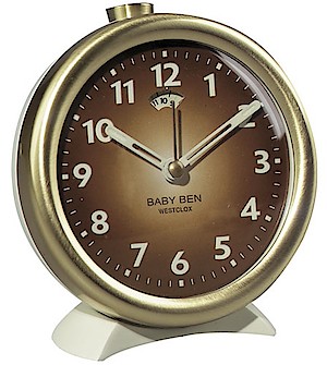 Westclox Baby Ben Style 10 Almond Case Brown Dial. Upright numeral dial. Image courtesy of AlarmClocksOnline.com