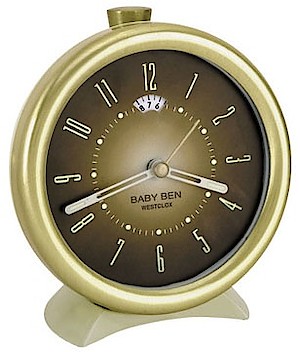 Westclox Baby Ben Style 10 Almond Case Brown Dial. Radial numeral dial. Image courtesy of AlarmClocksOnline.com