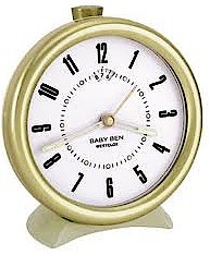 Westclox Baby Ben Style 10 Almond Case White Dial. Radial numeral dial. Image courtesy of AlarmClocksOnline.com