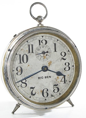 Westclox Big Ben Style 1 Nickel. Early example with excellent back and fair dial.