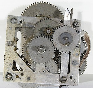 Westclox 66 Movement Usa. Movement only. Month part of date stamp missing. Steel gears except for brass cannon pinion and escape wheel.