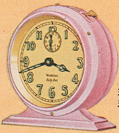 Westclox Baby Ben Style 2 Old Rose Solid Gold Leaf Numeral. 1930 Westclox Color Brochure; Western Clock Company; La Salle; Illinois; USA -> 1930s-colors-3