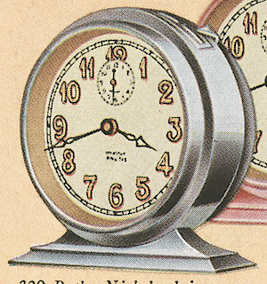 Westclox Baby Ben Style 2 Butler Nickel Gold Leaf Numeral. 1931 Westclox Color Catalog Pages, C. M. McClung & Co. -> 298C
