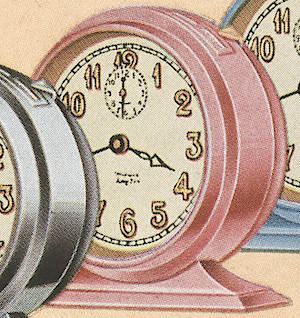 Westclox Baby Ben Style 2 Old Rose Solid Gold Leaf Numeral. 1931 Westclox Color Catalog Pages, C. M. McClung & Co. -> 298C