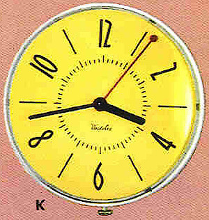 Westclox Prim Electric Wall Clock White Yellow. Westclox, Canada ca. 1954 Catalog -> 6