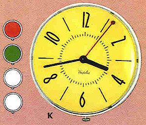 Westclox Prim Electric Wall Clock White Red. Westclox, Canada ca. 1954 Catalog -> 6