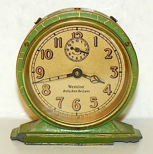Westclox Baby Ben Style 2 Green Crackle Luminous. Unusual PAPER luminous dial (most are painted metal)