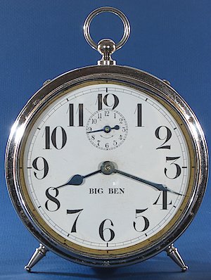 Westclox Big Ben Style 1 Nickel. Has early type back (Made in USA), early type bezel with the extra shallow groove near the front, and brass knobs. But it has the standard dial (2.1) instead of 1.1. But that may or may not be original. It had America hour and minute hands when I bought it.