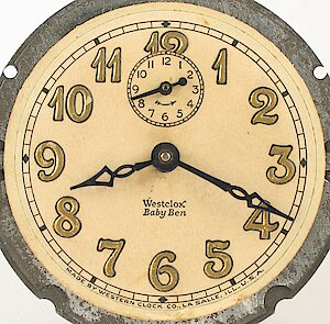 Westclox Baby Ben Style 2 Butler Nickel Gold Leaf Numeral. Dial