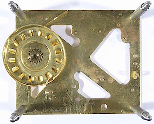 Westclox Big Ben Style 1 Nickel. Inside of back plate with time barrel and spring click