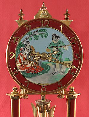 Schatz Standard Maroon Painted 400 Day Clock Painted Dial Lute Player Flute Player Woman