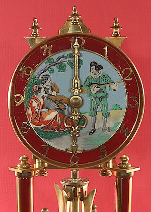 Schatz Standard Maroon Painted 400 Day Clock Painted Dial Lute Player Flute Player Woman