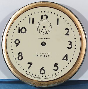 Westclox Big Ben Style 5 Chime Alarm Black Plain. Dial and its cardboard surround.