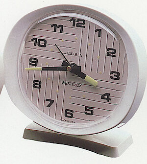 Westclox Big Ben Style 9 White Case Gray Dial Vertical Horizontal Stripes. Westclox and Seth Thomas 1990 Catalog -> 3