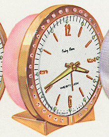 Westclox Baby Ben Deluxe Style 7 Pink Back Sequin Brass Base. Westclox 1960 Keywound and Electric Clocks Catalog -> 2