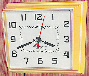 Westclox Manor Style 3 Yellow. Westclox 1960 Keywound and Electric Clocks Catalog -> 7